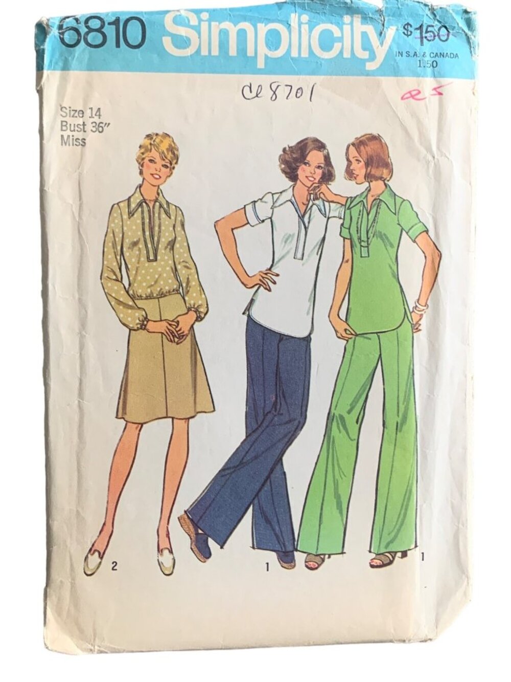 Simplicity 6810 Sewing Pattern Miss Size 14 70s Shirt Pant Skirt Uncut